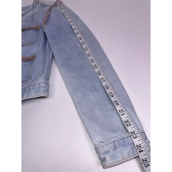 7 For All Mankind Light Wash Blue Denim Jacket Pink Fringe Detail Women’s Size S - Picture 12 of 12